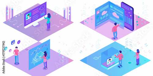 Diverse people interacting with futuristic holographic interfaces and digital data visualizations in a modern workspace