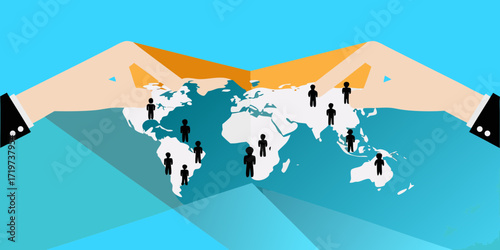 Global population spread across the world map with hands overseeing the earth