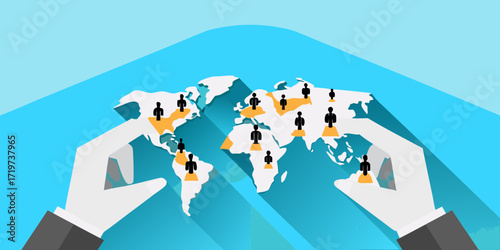 Global network of people represented by icons on a world map held by hands