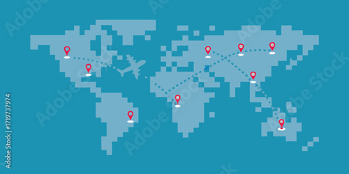 Pixelated world map with airplane and dotted travel routes connecting various locations across continents