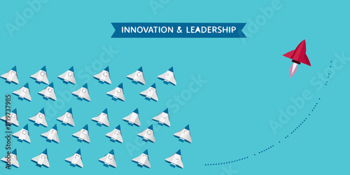 Red rocket ship leads a fleet of white rockets forward representing innovation and leadership