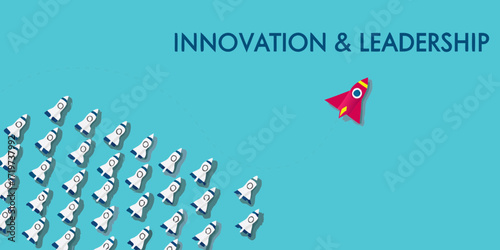 Red rocket leads a fleet of white rockets in a clear blue sky symbolizing innovation and leadership