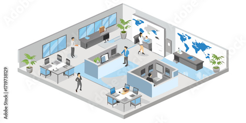 Isometric view of a modern office space with employees working at desks and in meeting rooms
