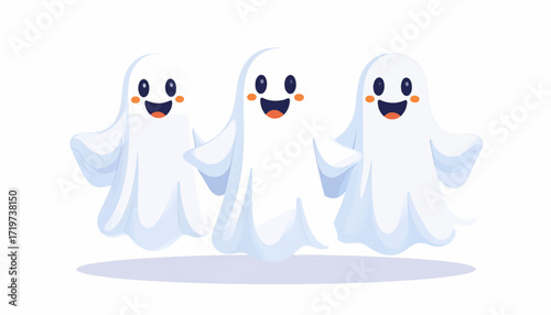 Three cute and friendly cartoon ghosts smiling and dancing happily together on a white background, perfect for Halloween celebrations and spooky-themed designs