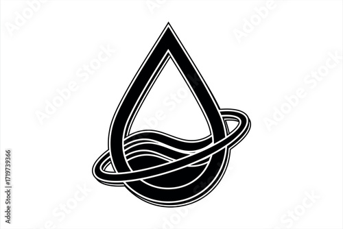 Black abstract drop shape with swirling ribbon elements on white background black and white water
