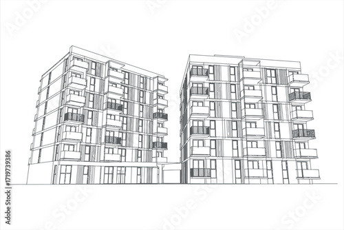 Architectural sketch of modern apartment buildings with balconies and windows architecture residential