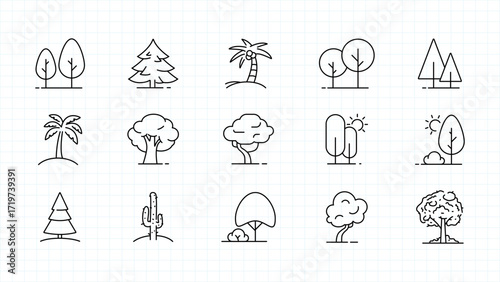 Minimalist tree and nature icon set in linear style. Includes pine, palm, cactus, and deciduous trees. Clean and simple outline design on a grid background.