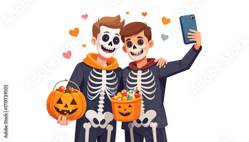 Two friends dressed as skeletons taking a selfie with a pumpkin bucket filled with candy for Halloween celebrations