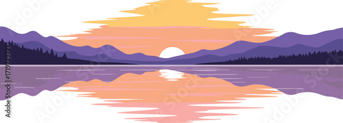 Stunning sunset reflected on calm lake waters with picturesque mountain backdrop and serene atmosphere inspiring peace and tranquility in nature's embrace