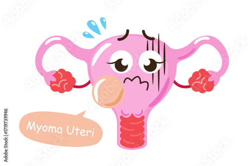 Myoma uteri . Uterus with tumor cartoon character illustration . Isolated white background . Vector .