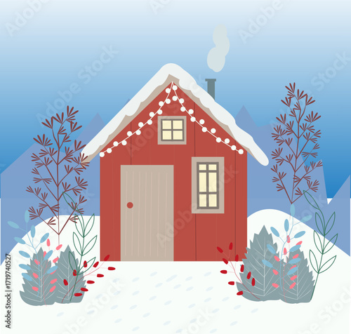 Gingerbread house with lights and snow