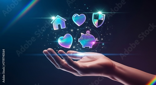Hand Holding Glowing Digital Icons Representing Finance Security And Protection Concept