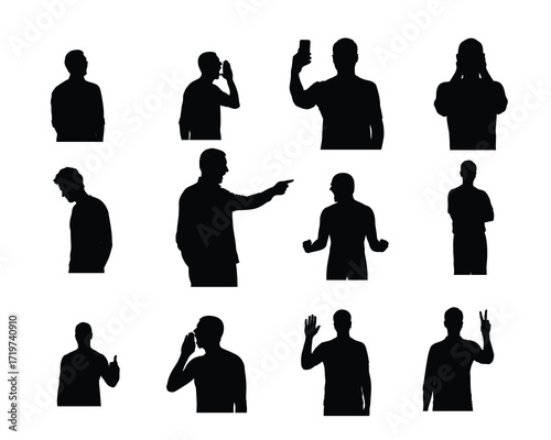 Silhouette of Men Showing Different Expressions and Gestures Isolated on White Background
