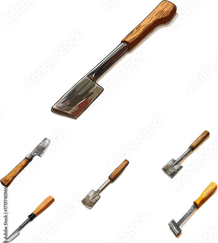 set of chisel isolated on white, carpentry tools set in color style