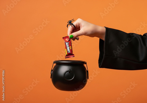 Spooky hand offers Halloween candy into a cauldron with a spider ring, perfect for festive holiday promotions and trick-or-treating fun