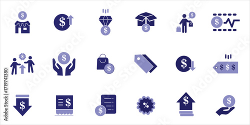 price icons set. price, product, price tag, low price, high price, discount and more. simple colored vector