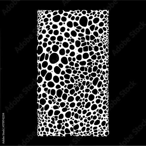 White irregular circles of varying sizes densely packed on a black background creating a textured effect