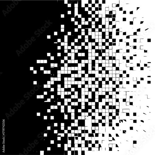 Black and white pixelated mosaic pattern with a gradient effect and square shapes scattered across the image
