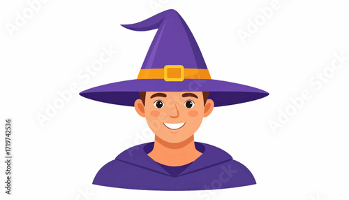 Whimsical magic character illustration of a smiling person in a purple wizard hat, perfect for fantasy stories, enchanting designs, and festive costume themes