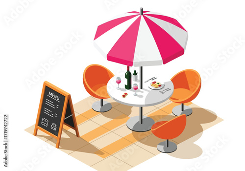 Vector illustration of illustration of outdoor cafe table with umbrella and chairs, menu board