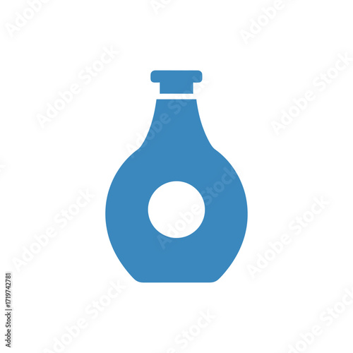 A simple, flat design icon of a blue vase or bottle with a circular cutout on a white background.