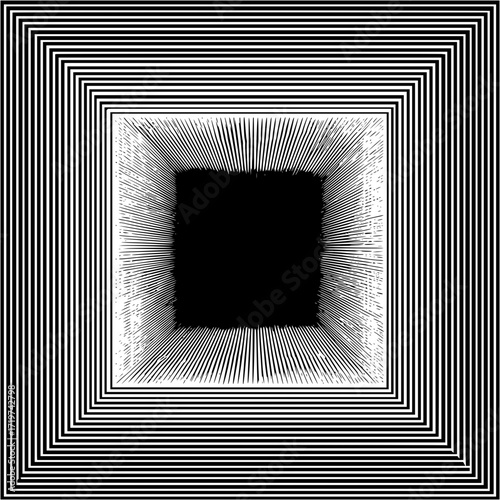 Concentric squares in black and white with a burst effect surrounding a central black square shape