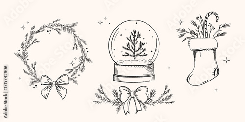 Hand drawn Christmas elements set with a wreath of pine branches with a bow, snow globe, and stocking illustration. Vintage Christmas holiday sketch set. Vector illustration