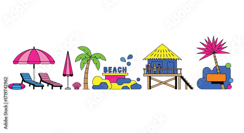Vector illustration of illustration of tropical beach scene with palm trees, lifeguard hut, and lounge chairs