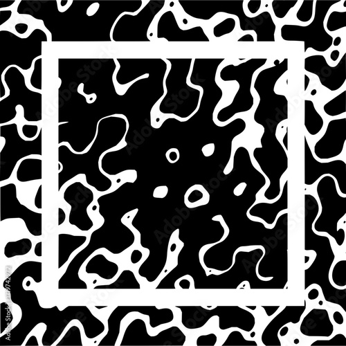 Abstract black and white pattern with a square frame and organic shapes and circular elements inside it