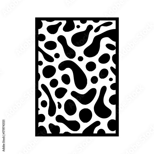 Black and white abstract pattern featuring irregular shapes and circles in a framed rectangle design