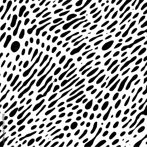 A dense arrangement of black organic shapes on a white background creating a dynamic visual texture effect