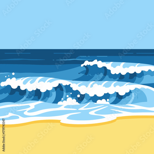 Ocean waves crashing on a sandy beach, a vibrant illustration of a summer scene.