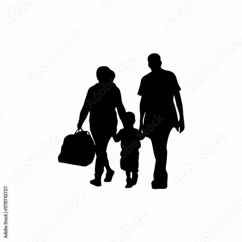 Family silhouette walking with heavy hospital bag isolated on white background