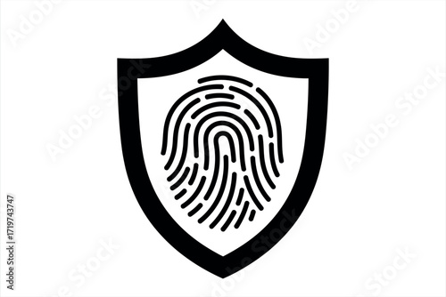 Black fingerprint icon inside a black shield outline on white background thumbprint identification