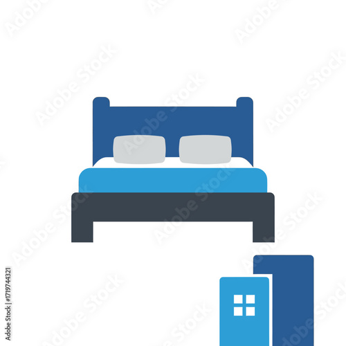 A simple blue and gray bed icon with a building icon.