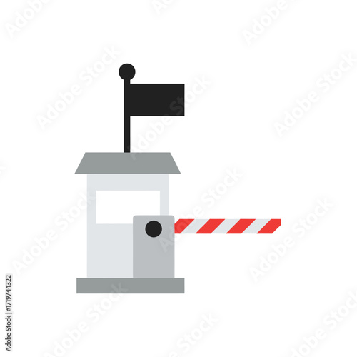 Flat design illustration of a grey toll booth with a red and white striped barrier arm and a black flag on top.