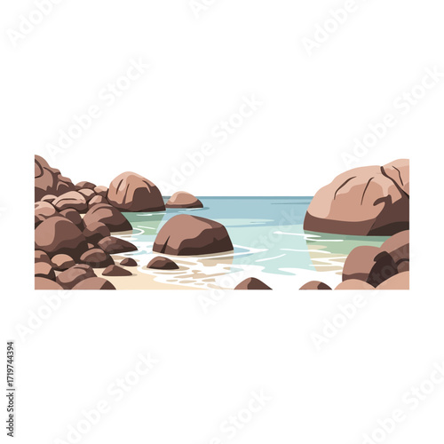 Rocky seashore with calm water and smooth stones.