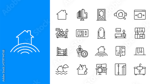 Real estate and home line icons set. Housing, interior, furniture, smart home, property management, apartment, disaster, and household utilities. Outline vector illustration.