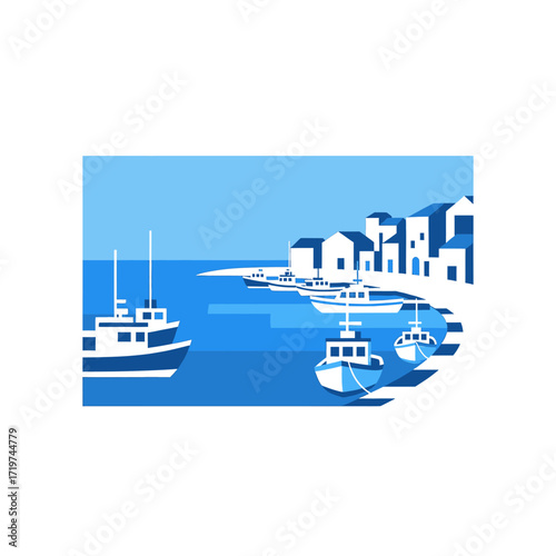 A stylized illustration of a coastal town with boats docked in the harbor under a clear blue sky.