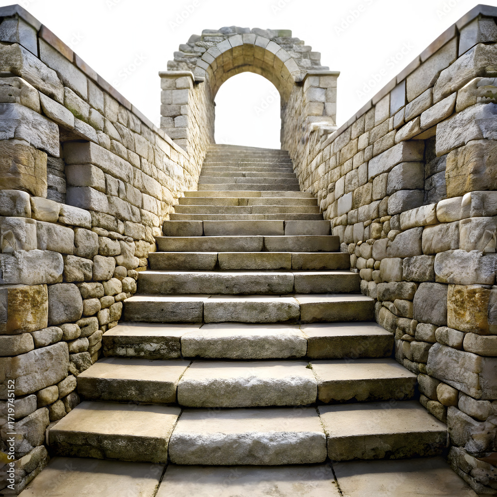 Fototapeta premium Stone staircase leading to an arched gateway isolated on transparent background