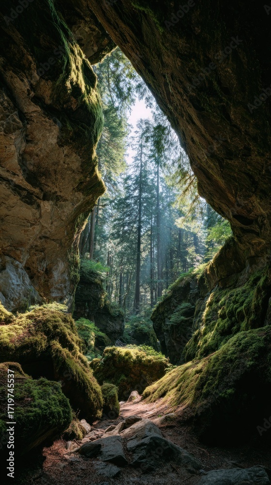 Obraz premium Sunlight illuminating forest cave