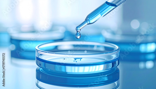 Blue Scientific Precision: Capturing the precision and meticulousness of scientific endeavors, a pipette dispenses a drop of vibrant blue liquid into a petri dish.