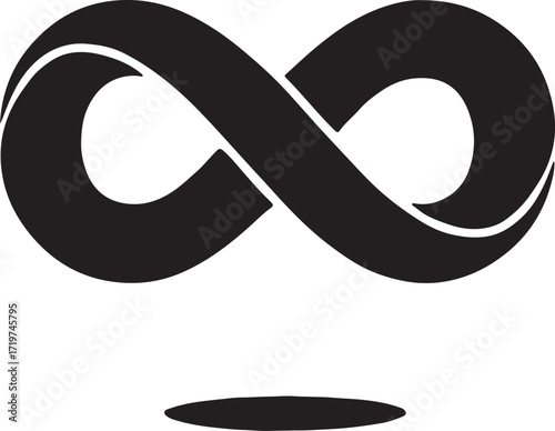 Bold black infinity symbol casting a subtle shadow on a clean white background representing endlessness
