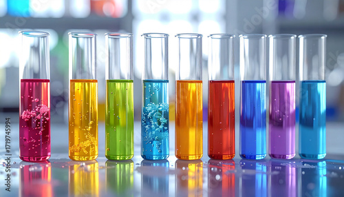 Colorful Chemistry Experiment: A close-up view of multiple test tubes filled with vivid, multicolored liquids arranged in a row. The photo creates an engaging visual.