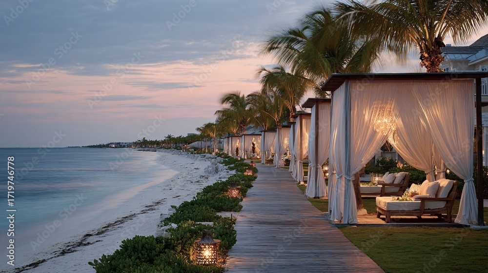 Fototapeta premium Luxury Beachfront Cabana Boardwalk at Sunset