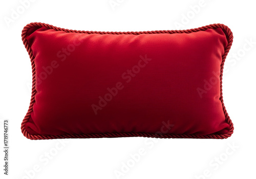 Luxurious red velvet decorative pillow with a cord trim, presented against a pure black background.