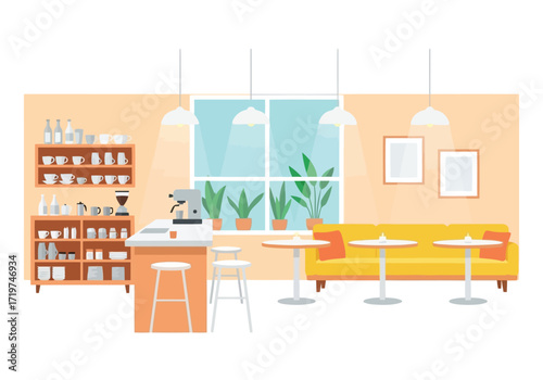 Vector illustration of illustration of cozy coffee shop interior with seating and counter