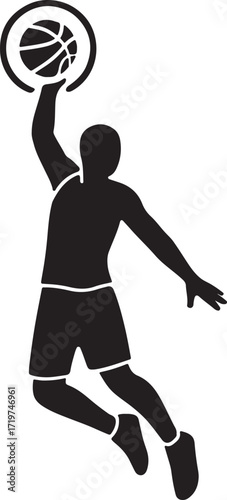 Silhouette of a basketball player in mid air performing a slam dunk with the ball above the hoop