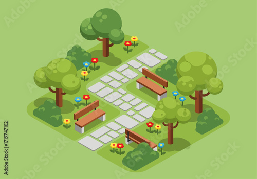 A tranquil isometric park is neatly designed with a winding stone path, wooden benches, and vibrant flowers nestled among lush green trees and bushes. Vector Illustration.
