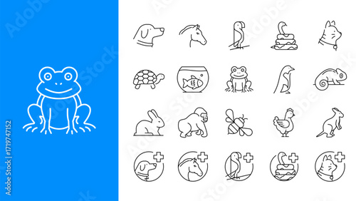 Animals and veterinary line icons set. Pets, wild animals, reptiles, birds, fish, veterinary care, and animal health. Outline vector illustration. Editable stroke.